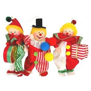 3 Russ Berrie Circus Clown Christmas Ornament 7-8” Balloons Drum Present 1980’s